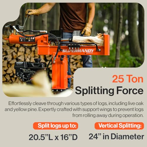 SuperHandy Log Splitter with Durable Steel Wedge, Portable Design for Firewood and Forestry Harvesting (25 Ton Gas Powered)