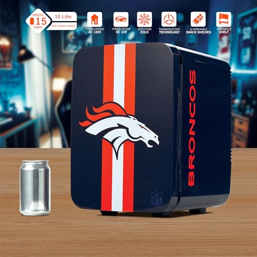 Image of Ukonic NFL Denver Broncos 15-Can Mini Fridge 10L - AC /DC Powered, Official Team Colors & Logo, Portable Cooler for Tailgates, Home, Office, or Car