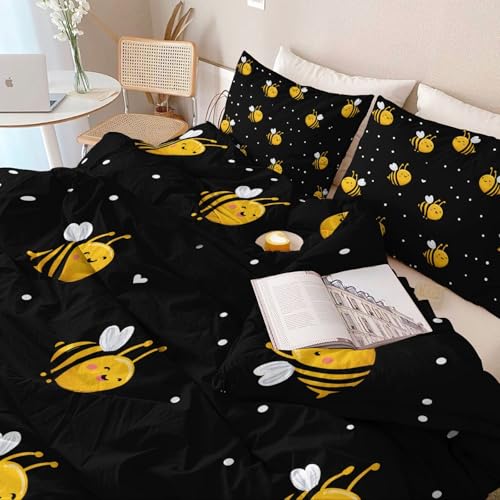 Housse de couette abeilles noir 240x260 parure lit microfibre durable