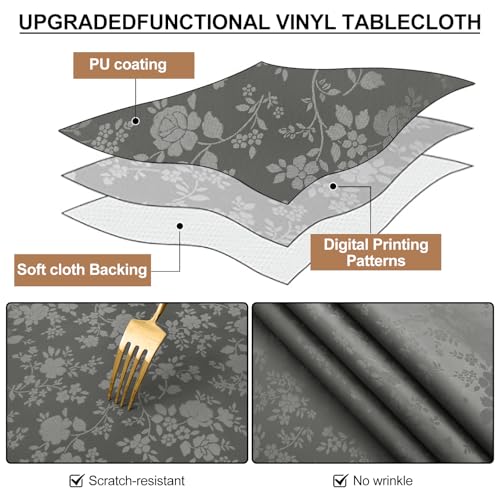 Image of Smiry Rectangle Waterproof Heavy Duty Vinyl Tablecloths, 60 x 102 Inch | Wipeable Washable Floral Embossed Table Cover for Kitchen and Dining Room, Indoor & Outdoor Use, Dark gray