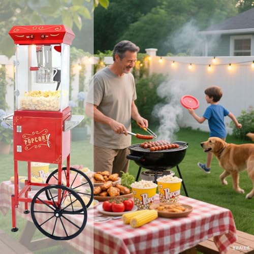 Image of Popcorn Machine 8OZ with Cart & Wheels - Pop corn Machine Maker with Stainless Steel Kettle, Theater Style with Lockers for Home, Theater, Parties, Commercial, Amusement Parks, Red