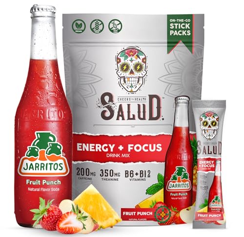 Image of Salud x Jarritos 2-in-1 Energy Drink Powder + Focus, Fruit Punch, Organic Caffeine, B6 + B12, Theanine, Clean Energy Drink Packets, Agua Fresca Mix, Non-GMO, Gluten Free, 1g of Sugar, (15 Servings)