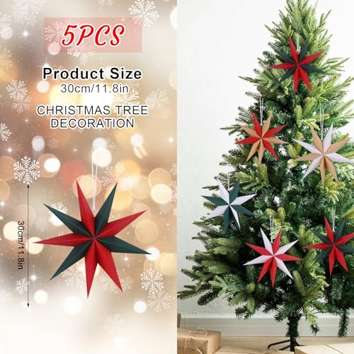 Image of 12 Inches 5 PCS Cindy Paper Star Lanterns Red Green White Christmas Party Decorations Hanging Stars Christmas Party Decorations Wedding Birthday Christmas Home Party Decorations(9 Pointed)