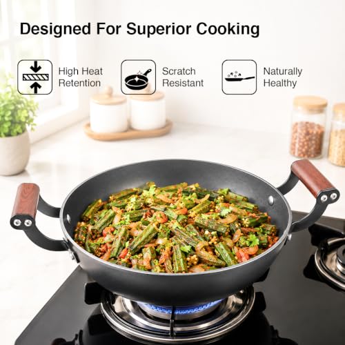 Image of Prestige Nitride Lightweight Cast Iron Kadai 24cm /2.4L with Glass Lid | Castlite Series | Durable & Easy to Clean | Enamel Coated | Gas & Induction Compatible | 15Y Product Warranty