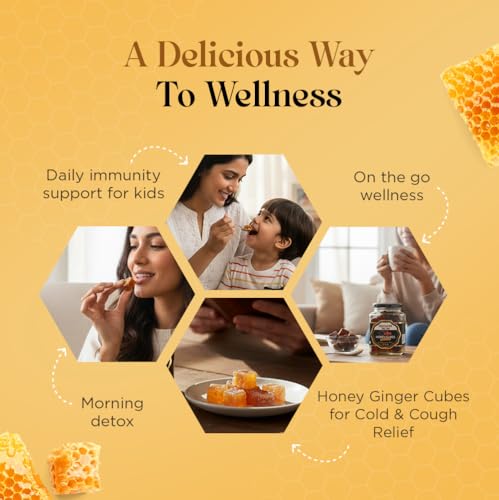Image of Hexhive Ginger Honey Cubes | Pure Honey with Real Ginger Extract | No Added Sugar | Immunity Boost | Travel-Friendly Cubes for Tea, Coffee & Detox Drinks | Wellness Snack | 300g