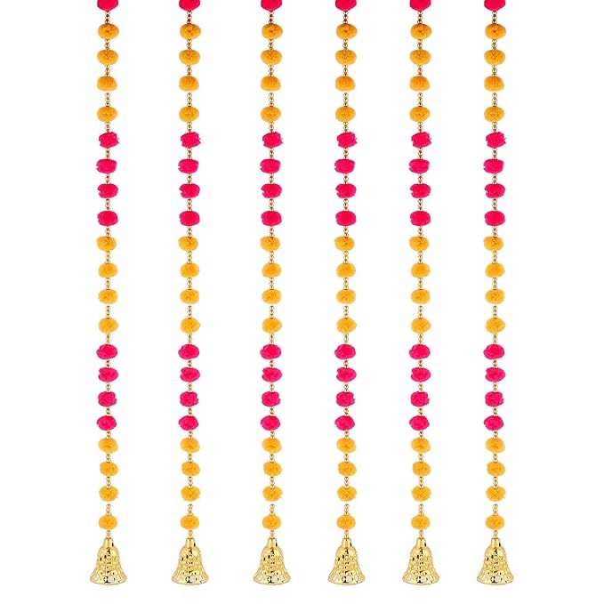 Image of Pink Lotus & Mango Leaf Toran for Door, Hanging for Main Entrance, for Office,Temple,Diwali, Party (6 LINE Yellow Pink)