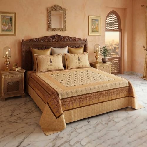 Image of BSB HOME 240 TC Cotton King Size Bedsheet, Premium Soft Double Bed Sheet, Breathable & Skin Friendly Bed Cover, Elegant Printed Bedsheet, Durable, 90 x 100 Inches (229 x 254 cm) - Honey Beige