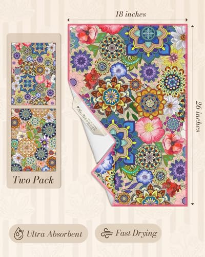 Miss Adola 2pcs Microfiber Kitchen Towels - Boho Kitchen Towels Set of 2 with Hanging Loop Decorative Absorbent 18x26 Inch Hand Towel Colorful Design Dish Cloth for Housewarming Gift, Mandala