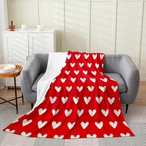 Red White Throw Blanket 40'x50' Cute Heart Pattern Fleece Blanket For Home Bed Couch Sofa Valentine Day Gift Flannel Blanket Cartoon Love Geometric Love Heart Lightweight Cozy Plush Bed Blanket