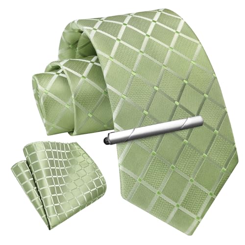 Image of Enlision Ties for Men Plaid Stripe Tie Handkerchief Woven Classic Formal Necktie Pocket Square Clip Set