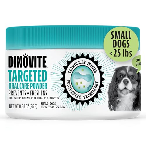 Dinovite Dog Dental Powder, Brush-Free Breath Freshener & Teeth Cleaning Dental Care Powder with Probiotics & Postbiotics, Oral Care Bad Breath Treatment, Small Dogs, Made in USA, 30 Day Supply