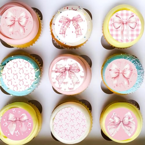 Fyeoxle 36PCS Edible Bow Cupcake Toppers Wafer Paper Bowknot Cake Decoration She is Trying the Knot Cupcake Toppers Edible Coquette Bows for Bow Theme Birthday Party Decoration Supplies (Pink Round)