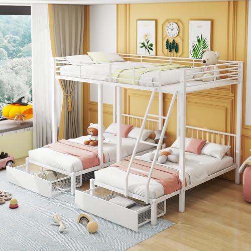 LZPUOUI Litera Triple 140x200 y 90x200 Blanco Dormitorio Juvenil con Cajones y Diseño Desmontable Versátil de Hierro Macizo Que Ahorra Espacio para Adolescentes y Jóvenes Adultos Modernos