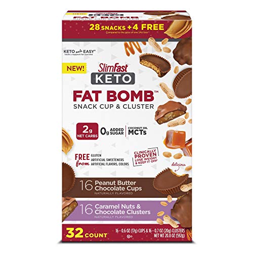 SlimFast Keto Fat Bomb Snacks, Pantry Friendly Peanut Butter Cup and Caramel Nut, Variety Pack, 32 Count