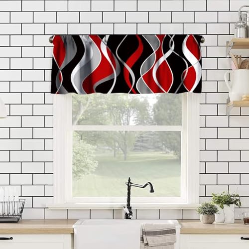 Image of Red Black Gray Modern Geometric Kitchen Valance Curtain, Abstract Striped Minimalist Retro Geometry Window Treatment Valances for Kitchen Living Room Cafe Decor 54'x18', 1 Panel