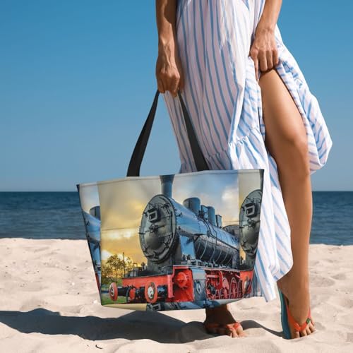 Steam Train Old Engine Train Beach Bag Women Tote Bag Pool Bag With Zipper For Gym Grocery Travel With Wet Pocket4