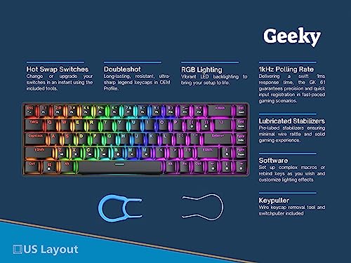Geeky GK65 65% | Hot Swappable Mechanical Gaming Keyboard | 68 Keys Multi Color RGB LED Backlit for PC/Mac Gamer | ANSI US American Layout (Black, Mechanical Speed Silver) - Image 3