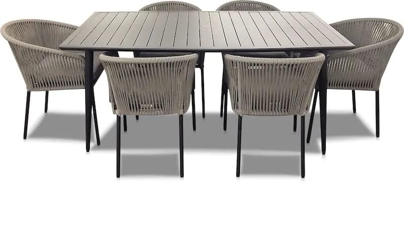 6 Seater Patio Furniture Dining Set, Wooden Dining Table and Rope Chairs Set, Conversation Set Outdoor Dining Set for Garden, Balcony, Poolside, Backyard, (Light Grey Wicker)-image-19