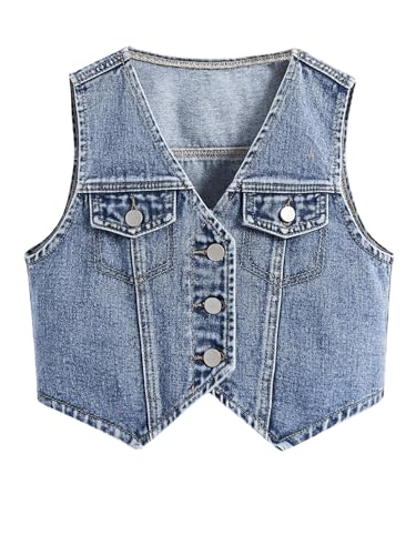 Floerns Girl's Button Down Denim Vest V Neck Sleeveless Asymmetrical Jean Jacket