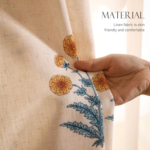 Image of ISAENNE Designer Vintage Linen Printed Curtain,2 Panels,87 inchx65 inch-Estevan A | Elegant Curtains with Grommets 87 inches long,Pale Yellow Floral Pattern Decor Draps,kitchen Bedroom Living Room Window