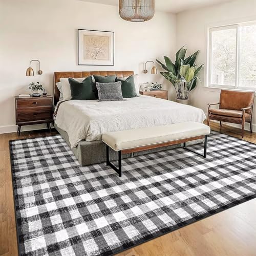 Image of Checkered Area Rug, 8x10, Black and White | Washable, Non Slip, Modern Neutral, For Living Room Bedroom Office Patio Dining Room