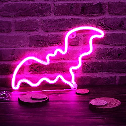 Image of LED Neon Bat Lights, Bat Shape Neon Signs Night Lights Battery Operated Desk Table Lamp for Bedroom, Bar, Wall, Halloween Decor-Bat with Holder Base(Pink)