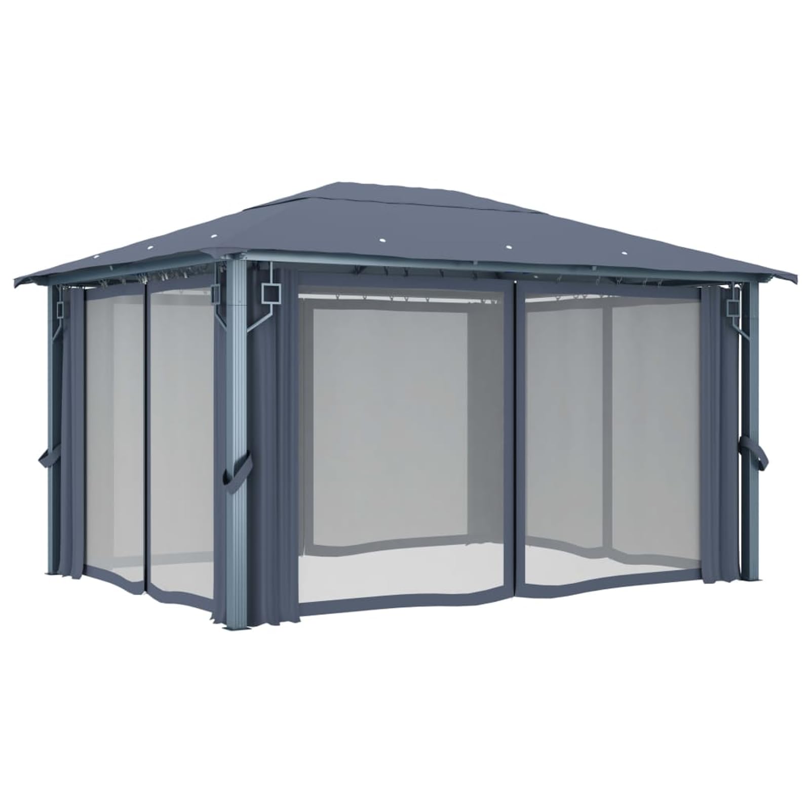 Pawilon z zasłonami 400 x 300 x 270 cm – rama ze stali aluminiowej w kolorze antracytowym, odporny na warunki atmosferyczne, z powłoką zapobiegającą promieniowaniu UV, 4 zasłony i siatki