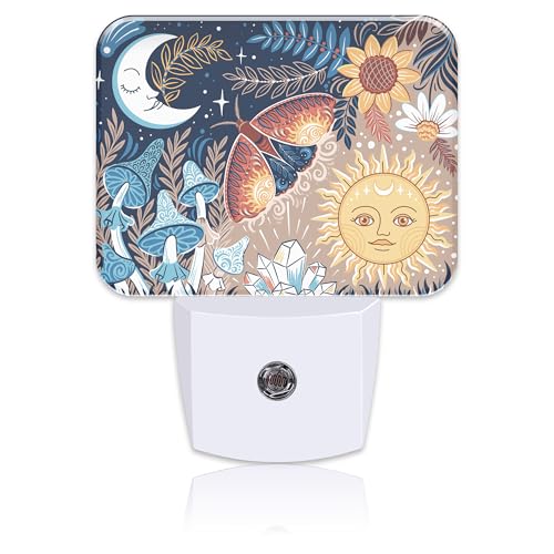 Image of Boho Moth Mushroom Night Light for Kids, Sun and Moon With Faces LED Night Light Plug into Wall with Dusk to Dawn Sensor for Girls Boys Women Men Room, Hallway, Kitchen, Bathroom, Stairs Decor