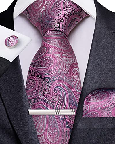 Image of DiBanGu Paisley Ties for Men Silk Necktie and Pocket Square Cufflinks Tie Clip Set Woven Classic Mens Tie for Wedding Party