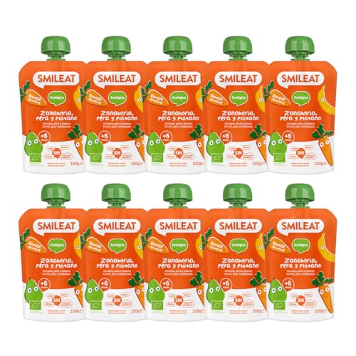 Smileat | Pouch de Fruta Ecológica para Niños | Con Zanahoria, Pera y Plátano | Sin Leche, Sin Azúcares y Sin Gluten | Para Bebés a Partir de los 6 Meses | 10 x 100 g
