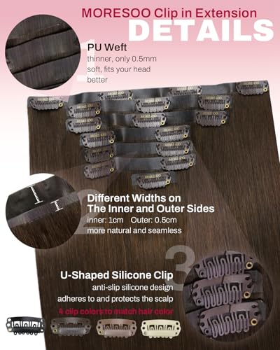 Image of Moresoo Clip in Human Hair Extensions, Medium Brown, Seamless PU Skin Weft | Human hair clip in extensions, 18inch 120g 7pcs, suitable for office and outings, balanced soft volume for everyday elegance