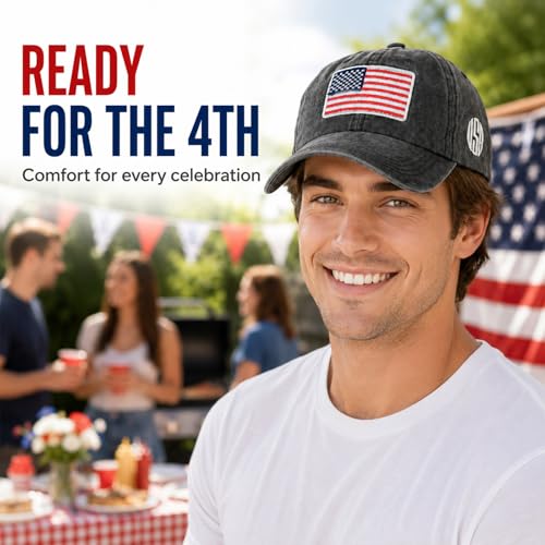 Image of American Flag Baseball Cap for Men Women, Washed Cotton USA Hat, Adjustable Patriotic Cap for 4th of July