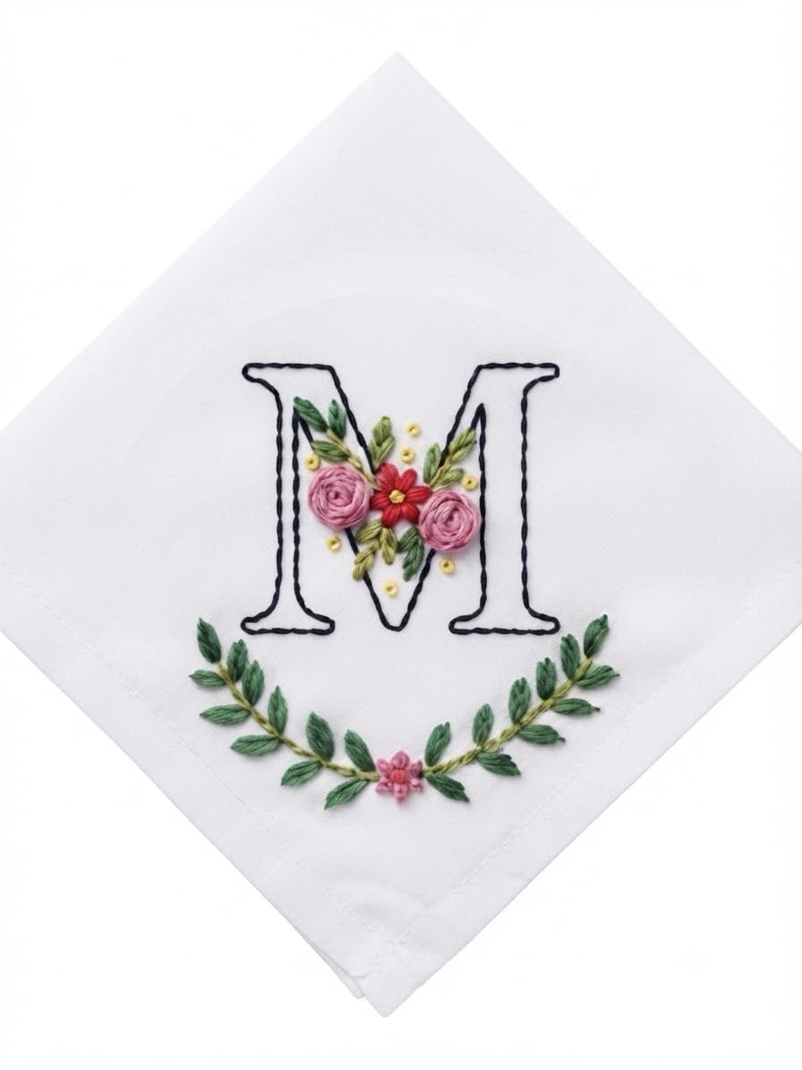 Hand Embroidery Handkerchief, 100% Cotton, White, Premium Embroidery, 30x30 Centimeters, Unisex, Gift for Birthdays, Anniversaries-image-6