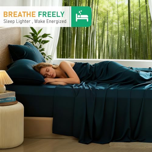 Image of 100% Viscose Derived from Bamboo Sheets Queen Size, Soft & Cooling Viscose from Bamboo Sheets Set, Organically Grown,Breathable & Soft Deep Pocket Up to 18 Inches(Navy Blue)