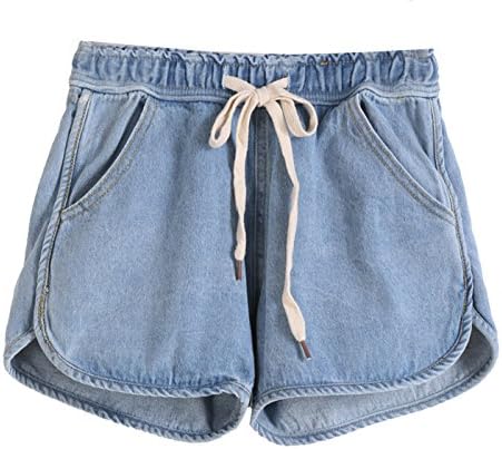 Waloneby Women's Drawstring With Pockets Mid Waist Denim Shorts (S, Blue)