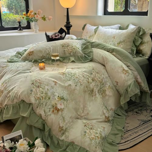 Image of VM VOUGEMARKET Romantic Ruffle Floral Duvet Cover Set Twin Sage Green