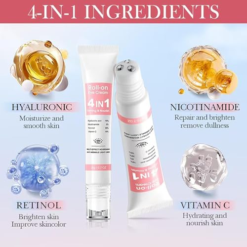 ROUXUN Retinol Eye Cream with 10% Hyaluronic Acid, 30% Retinol, 5% Nicotinamide, 10% Vitamin C for Puffy Dark Circles Wrinkles Eye Bags Fine Lines, Under Eye Cream with 360° Eye Roller Massage Ball