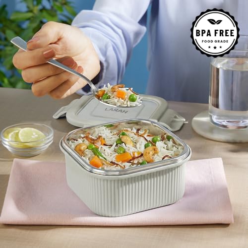 Image of Larah by BOROSIL Freshbyte Food Storage Container with Airtight Stainless Steel Lid | Fridge Container for Lunchbox | Food Grade | Microwave Safe (Grey, 250 ml, Square)