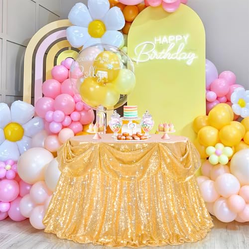 Image of B-COOL Gold Round Tablecloth Party Decorations: 132 Inch Table Cloth Large Sequin Fabric Overlay for Indoor Outdoor Dining Parties Graduation Christmas