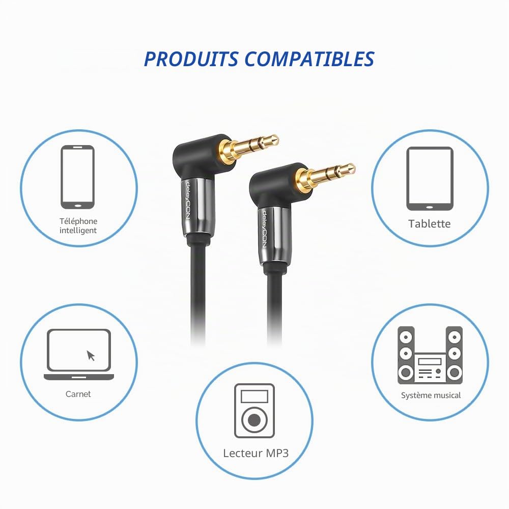 deleyCON 1m Câble Jack 3,5 mm - Câble Audio Stéréo - Fiche Jack Coudée à 90° - pour PC, Ordinateur Portable, Smartphone, Tablette, Récepteur Hi-Fi - Noir
