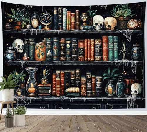 LB Libreria gotica Horror Teschio Piante Verdi Libri Vintage Arte Muraria per Soggiorno Camera da Letto Dormitorio,150x100cm