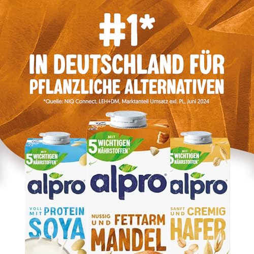 Alpro Mandeldrink Original – Geröstet – Quelle von Calcium und Vitaminen – Fett- und zuckerarm, ohne Laktose, vegan und milchfrei – 8 x 1 L – Haltbar