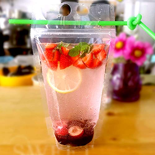 100 Pcs Drink Pouches for Adults, Hand-held Reusable Clear Juice Pouches with Straws Funnel Smoothie Heavy Duty Drink Bags for Cold Hot Drinks - Thumbnail 6