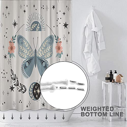 Decoreagy Teal Butterfly Shower Curtains For Bathroom,Boho Butterflies Floral Sun Moon Shower Curtain Set,Modern Abstract Aesthetic Art Waterproof Fabric Stall Bath Curtain With 12 Hooks 72X72In #TOP3