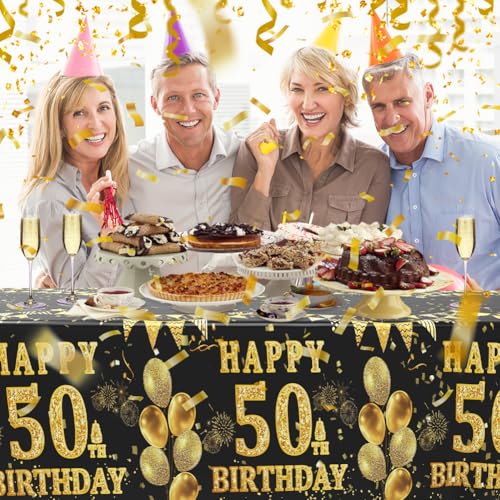 Image of Labeol 3 Pack 50th Birthday Tablecloth, Black and Gold Happy 50th Birthday Decorations, Disposable Plastic Rectangular Table Cover Party Supplies for Men Women