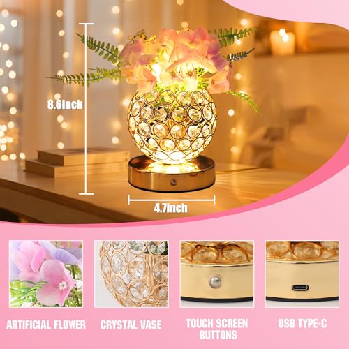 Image of Pink Artificial Hydrangea Flower Lamp, 3 Color Dimmable Touch Control Night Light, Christmas Birthday Gifts for Women, Artificial Hydrangea Flower Table Lamp Decor for Bedroom Bar Coffee Shop Wedding