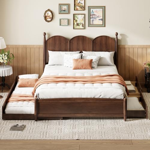 Bellemave Queen Size Platform Bed with 2 Drawers & Trundle, Wood Queen Bed Frame with Curved Headboard & 4 Rounded Pillars (Walnut/Classic)