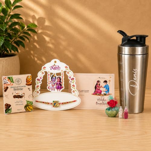 Image of Giftana Rakhi Gift Set for Brother, Personalized Gym Shaker Bottles, RadhaKrishna Rakhi with Brownie Brittle, Roli Chawal Set for Raksha Bandhan Gift for Brother, Bhai, Customized Gym Shaker 750ml