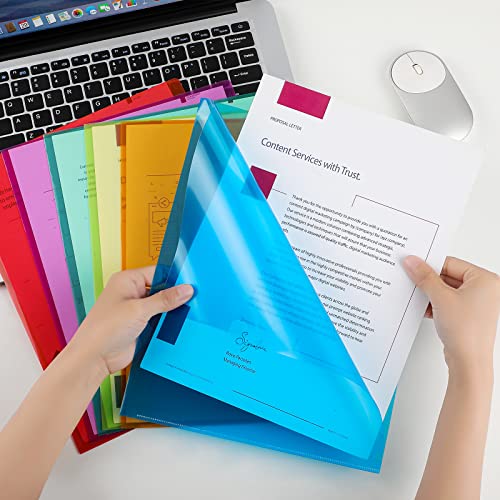 Ktrio 12Pcs Plastic File Folders, Clear Colored Project Pockets Plastic Sleeves, L-Type Documents Folder Jacket, Paper Sheet Protectors For Office School, Fits Letter Size, 6 Assorted Colors #TOP7