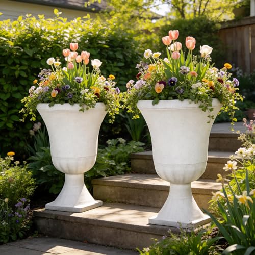Autodaya 22 Urn Planters Outdoor Planter for Plants Set of 2 Timeless Plastic Large Flower Pot with Drainage Hole Terrazzo White Garden Pots for Porch Patio Christmas Decor